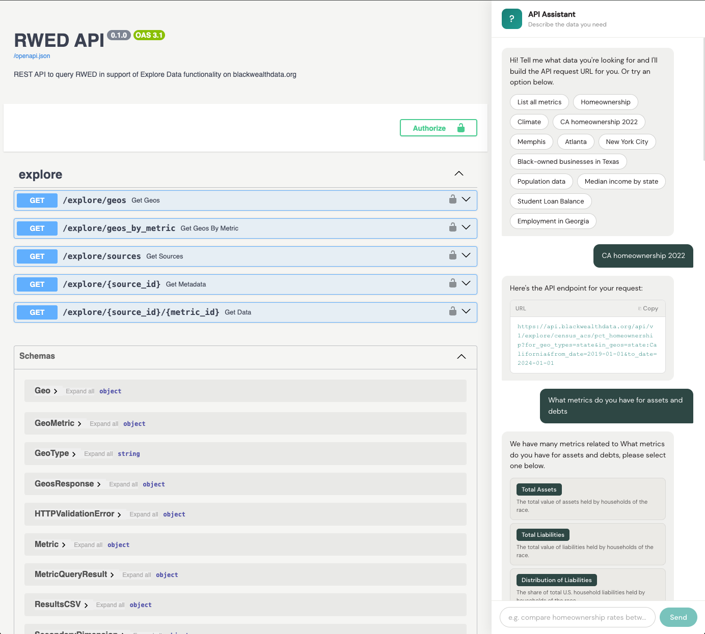 RWED API documentation with embedded AI assistant that builds API request URLs from natural-language descriptions