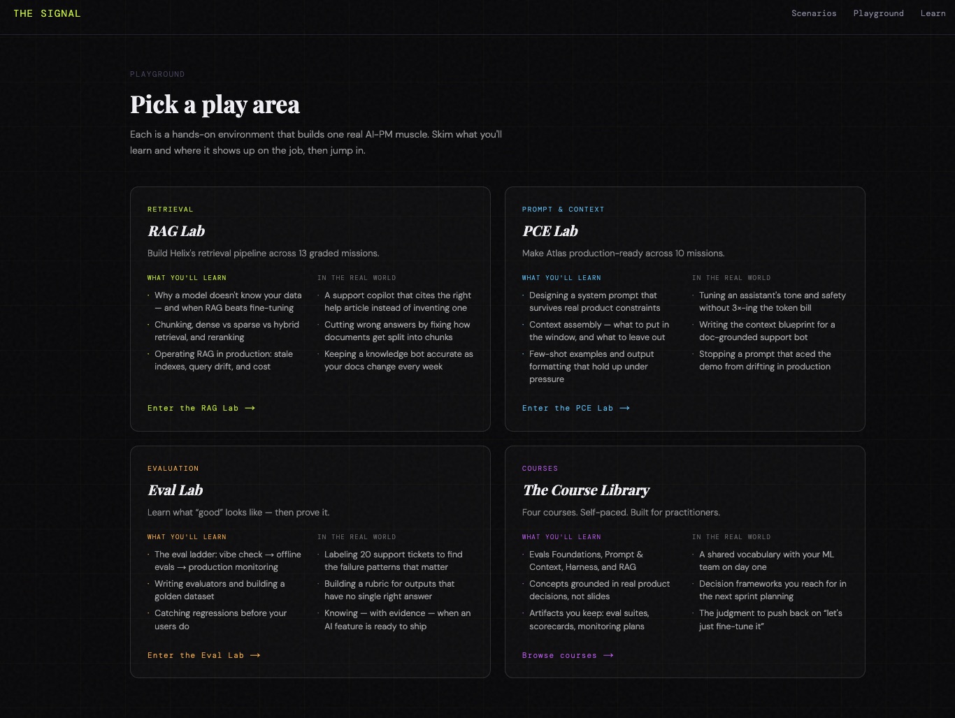 learnSignal playground — RAG Lab, Prompt & Context Lab, Eval Lab, and course library